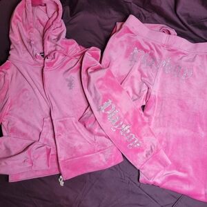 PLAYBOY Y2k Vintage Hot Pink Track Set Lg Jacket, Med Pants Velour Fabric